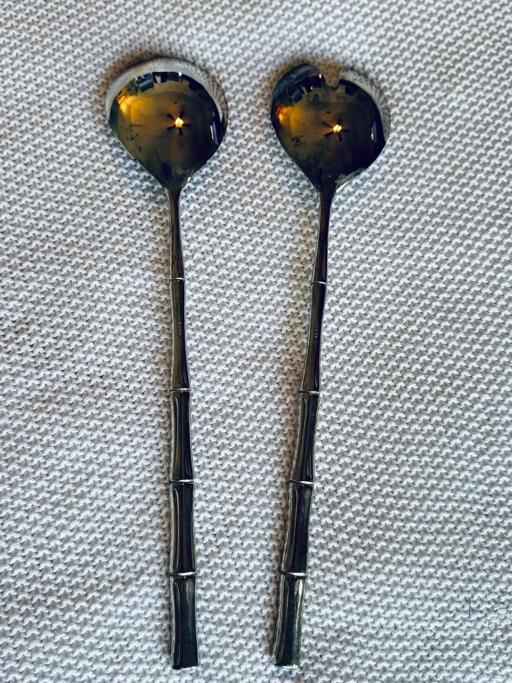 VINTAGE Silver Bamboo Handle Salad Serving Spoons Utensils Made in ITALY